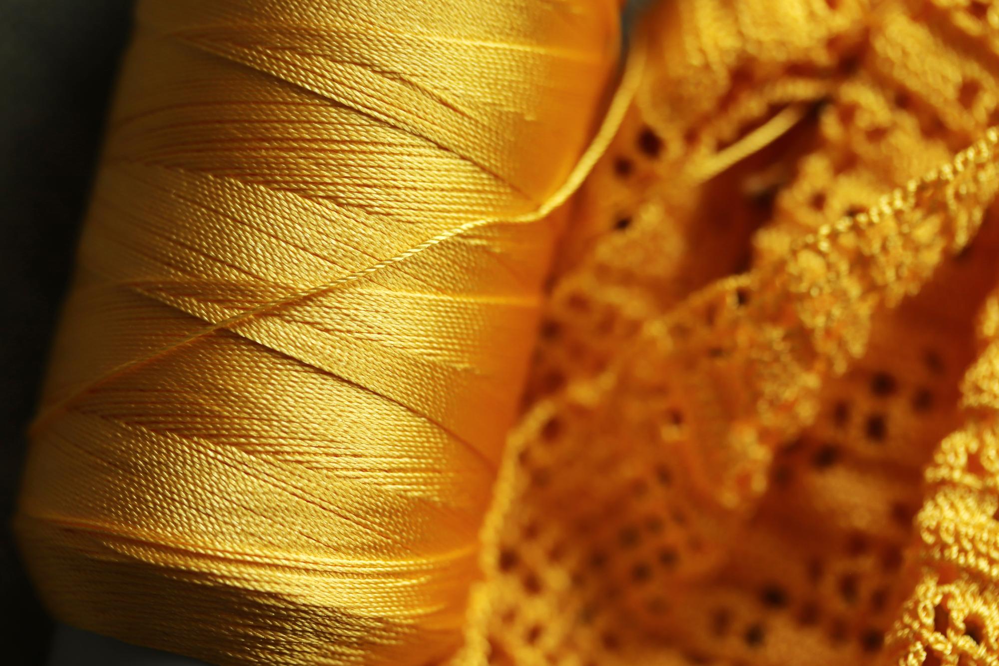 Dettaglio di ricamo su tessuto di seta beige con filo oro